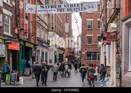 Mathew Street nach Hause von der Höhle und die Beatles-Band. Stockfoto