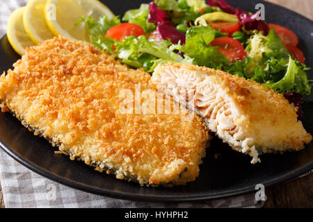 Gebratener Saibling Fisch Filet in Paniermehl und Salat aus frischem Gemüse Nahaufnahme auf einer Platte. horizontale Stockfoto