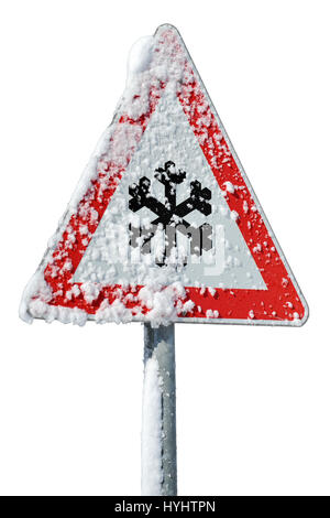 Verkehrsschild warnt vor Schnee und Eis auf der Straße Stockfoto