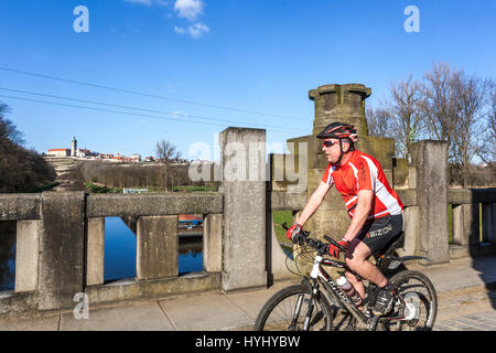 Mann eine Radtour, Biker vorbei Horin lock, Hintergrund Schloss Melnik, Tschechische Republik, Europa Stockfoto