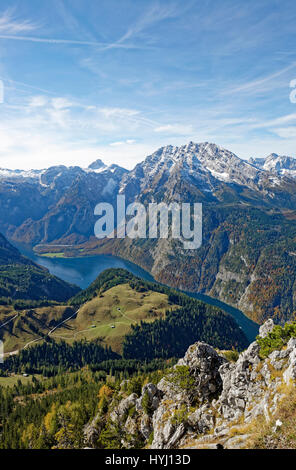 Blick vom Jenner auf Info und Watzmann, Nationalpark Berchtesgaden, Berchtesgadener Alpen, Berchtesgadener Land Bezirk Stockfoto