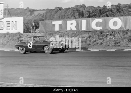 Jaguar E-Type, Registrierung ELA 76C Rennen in Brands Hatch in England. Stockfoto