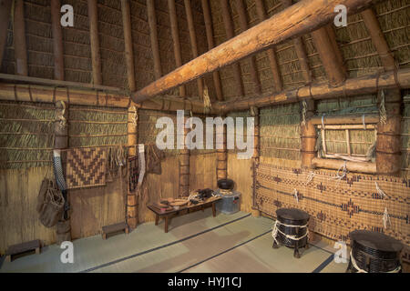 Traditionelle Ainu Wohngebäude gemacht von Stroh, traditionelle Ainu "Chise" Haus aus Holz und Stroh, Kamikawa, Hokkaido, Japan Stockfoto