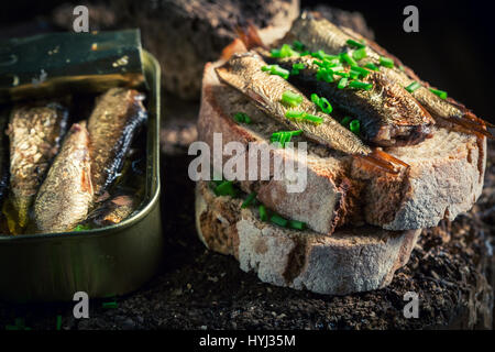 Leckere Sandwich Wirh Sprotten mit auf das Vollkornbrot Stockfoto