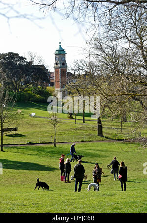 Brighton, UK. 5. April 2017. Hund Spaziergänger genießen die warmen frühen Morgen Sonnenschein im Queens Park in Brighton mit der Wettervorhersage über das kommende Wochenende Kredit wieder gut zu sein: Simon Dack/Alamy Live News Stockfoto