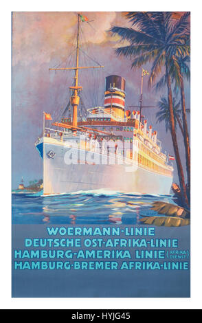 1920 Plakat werbung die Woermann Linie, mit Dienstleistungen von Deutschland nach Afrika und Amerika. Vintage Cruise Line Poster Woermann, English Ost-Afrika, Hamburg-Amerika, Hamburg-Bremer / Leitungen" Stockfoto
