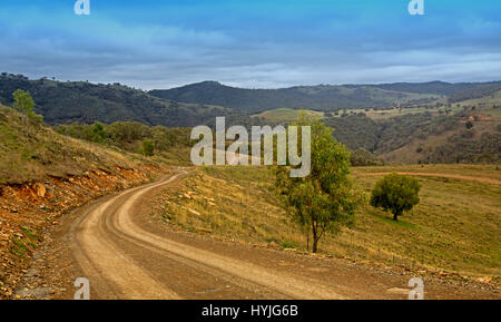 Schmale, unbefestigte Straße schlängelt sich durch weite Landschaft von bewaldeten Hügeln und Tälern der Great Dividing Range unter blauem Himmel in New South Wales Australien Stockfoto