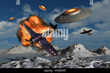 Ein Kampf zwischen amerikanischen Truppen & eine Flotte von mysteriösen UFOS. Bekannt als Operation Hochsprung. Die in der Antarktis stattfand. Stockfoto