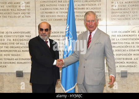 Der Prince Of Wales wird bei einem Besuch in das Hauptquartier der Vereinten Nationen Ernährungs- und Landwirtschaftsorganisation der Vereinten Nationen in Rom, Italien, am achten Tag von seiner Europa-Tournee von Director General José Graziano da Silva begrüßt. Stockfoto