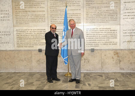 Der Prince Of Wales wird bei einem Besuch in das Hauptquartier der Vereinten Nationen Ernährungs- und Landwirtschaftsorganisation der Vereinten Nationen in Rom, Italien, am achten Tag von seiner Europa-Tournee von Director General José Graziano da Silva begrüßt. Stockfoto