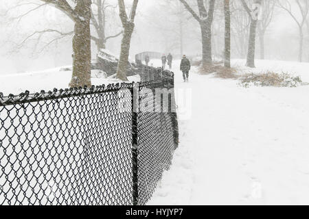 Die Menschen gehen durch den Central Park bei starkem Schneefall. Stockfoto
