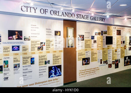 Orlando Florida,Loch Haven Park,Kulturpark,Orlando Shakespeare Theater,Theater,innen,Bühnengalerie,Bilderzeitachse,vergangene Aufführungen,FL1 Stockfoto