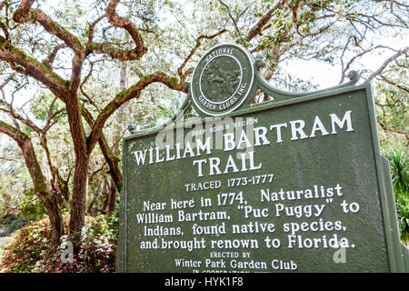 Winter Park Florida, Orlando, Mead Botanical Garden, Winter Park Garden Club, William Bartram Trail, historische Markierung, Schild, FL170222151 Stockfoto