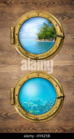 Zwei Fenster mit tropischen Insel im Ozean und Unterwasser tief versenden Stockfoto