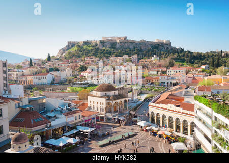 Skyline von Athenth mit Moanstiraki Square und Akropolis, Athen Griechenland Stockfoto