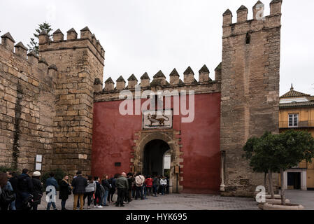 Eine lange Schlange von Besuchern gebildet außerhalb der Puerta del León (Löwentor) im Real Alcazar (Königlicher Palast) erbaut von maurischen muslimischen Königen, stan Stockfoto