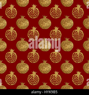 Nahtlose Muster Gold abstrakte Granatapfel. Hand Malerei glänzenden Hintergrund. Sommer Früchte goldene Illustration. Stockfoto