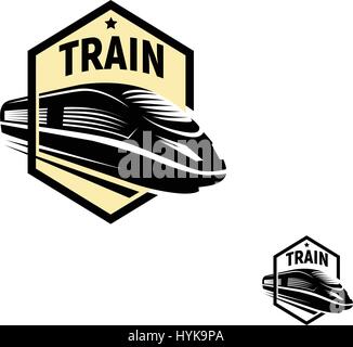 Isolierte abstrakt schwarz Zug in quadratisches Logo auf weißem Hintergrund, monochrome moderne Eisenbahn Transport Schriftzug, Eisenbahn Element in Gravur Stil-Vektor-illustration Stock Vektor