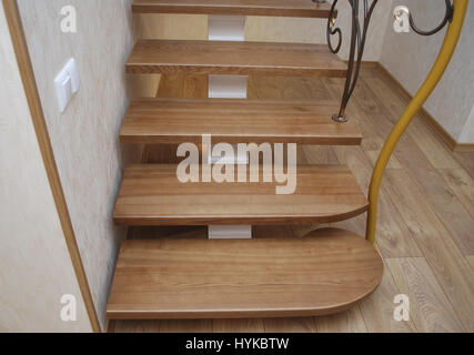 Metallische Beige String - ein Entwurf für den Bau der Treppe im Haus. Holztreppen und Geländer Metall Maßwerk geschmiedet. Stockfoto