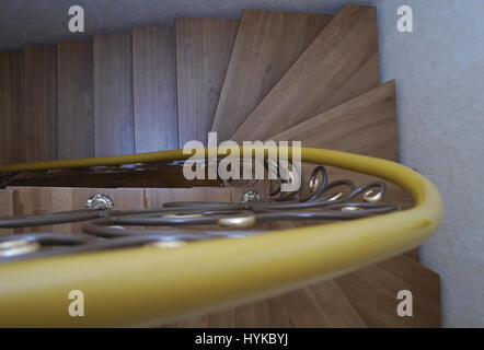 Metallische Beige String - ein Entwurf für den Bau der Treppe im Haus. Holztreppen und Geländer Metall Maßwerk geschmiedet. Stockfoto