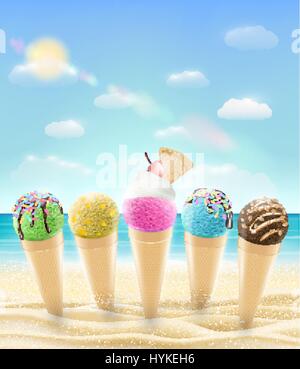 Satz von einer echten Eiswaffel an einem Meer-Sand-Strand Stock Vektor