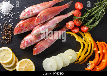 Roher Fisch Rotbarbe mit Nahaufnahme Zutaten auf den Tisch. horizontale Ansicht von oben Stockfoto