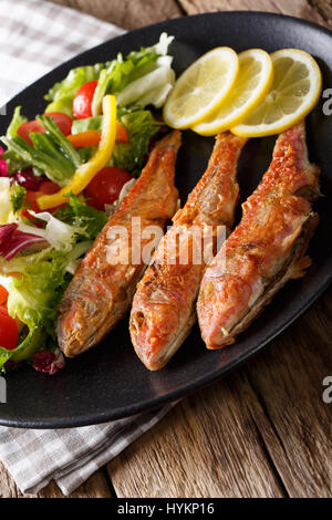 Gebratener Fisch Rotbarbe mit Salat aus frischem Gemüse Nahaufnahme auf einer Platte. vertikale Stockfoto