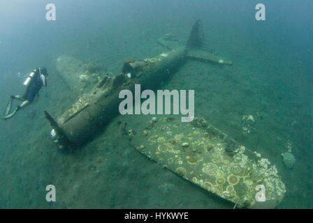 Salomonen, Pazifik: Ein Bild von einem Kampfflugzeug Mitsubishi A6M Zero Langstrecken. DIE Reste einer heftigen Zweiter Weltkrieg Schlacht wurden am Einhundertacht fünf Fuß unter Wasser gefangen genommen. Bilder zeigen diese einst so mächtigen Kriegsmaschinen, jetzt auf dem Meeresboden schlummert.  Einen japanischen Mitsubishi A6M Zero long Ranger-Kampfflugzeuge, ein Amerika Grumman-F6F-3 Hellcat und einer Boeing b-17 Flying Fortress in verschiedenen Graden der gezeigt werden zerfallen mit bunten Korallen wächst ab jetzt ihre verrosteten Granaten, von die einige die menschlichen Überreste der tragischen Besatzungsmitglieder (nicht abgebildet) enthalten. C Stockfoto