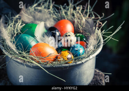 Wachteln und Henne Eiern zu Ostern in der alten Schüssel Stockfoto