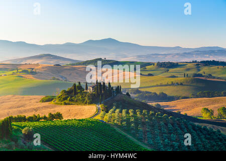 Klassische Ansicht der malerischen toskanischen Landschaft mit berühmten Bauernhaus inmitten von idyllischen Hügeln und Tälern im schönen goldenen Morgenlicht bei Sonnenaufgang Stockfoto