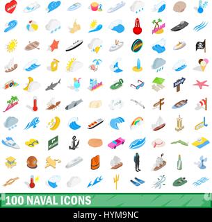 100 Marine Icons Set, isometrischen 3d Stil Stock Vektor