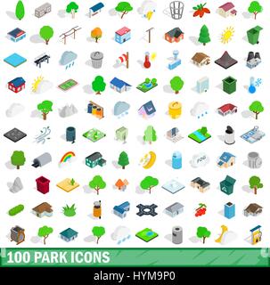 100 Park Icons Set, isometrischen 3d Stil Stock Vektor