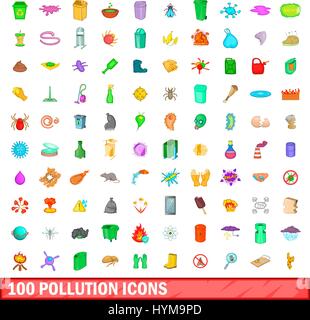 100 Verschmutzung Icons set, cartoon-Stil Stock Vektor