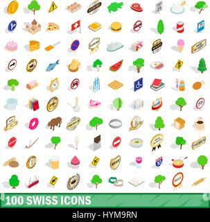 100 Schweizer Symbole gesetzt, isometrischen 3d Stil Stock Vektor