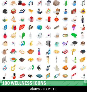 100 Wellness Icons Set, isometrischen 3d Stil Stock Vektor