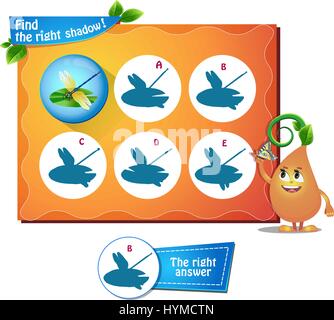 visuelle Spiel für Kinder und Erwachsene. Aufgabe die richtigen Schatten Libelle finden Stock Vektor