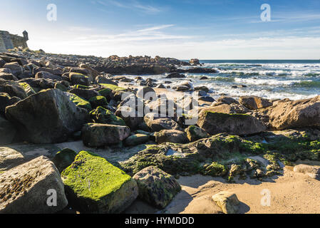 Felsen auf den Strand von Nevogilde Zivilgemeinde in Porto, Portugal. Festung von Sao Francisco Queijo (so genannte Burg von Käse) auf Hintergrund Stockfoto