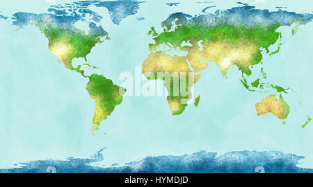 Weltkarte, wie von Hand gezeichnet, illustriert Pinselstriche, Landkarte, physikalische, Stockfoto