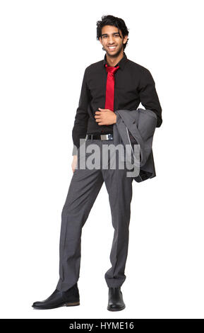 In voller Länge Portrait eines schönen jungen Geschäftsmann lächelnd auf weißen Hintergrund isoliert Stockfoto