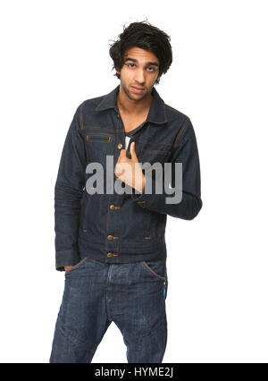 Nahaufnahme Portrait ein cooler Typ in Jeans Jeansjacke isoliert auf weißem Hintergrund Stockfoto