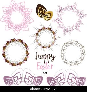 Eingestellt von Blumen und Natur runden Rahmen und Ostern Eiern Elemente Stock Vektor