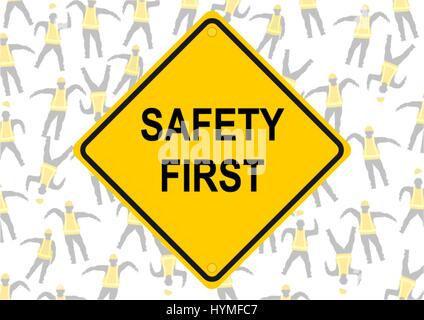 Safety first. Hintergrund der Zeichen in gelben Westen. flachbild Vektor. Stock Vektor