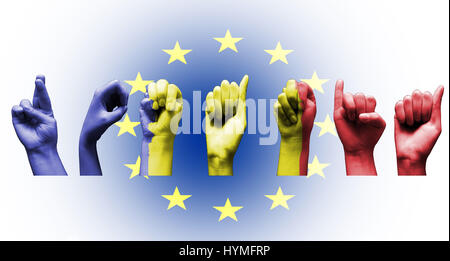 Rumänien Zeichen handgemalt mit rumänische Flagge über die Europäische Union Flag weißen Stockfoto