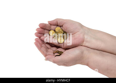 Eine kleine Palme von Münzen in den Händen eines Rentners Stockfoto