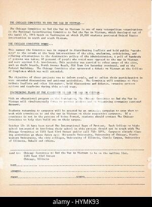 Eine Zeit des Vietnamkriegs Prospekt von The Chicago Ausschuss bis Ende des Krieges in Vietnam befürworten die Beteiligung der Bürger und Studenten in ihrer Bewegung und mit einem Tear-off Mailer auf Auskunft, Chicago, IL, 1967. Stockfoto