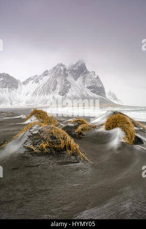 Schwarze Lavastrand mit frischem Schnee, Mount Vestrahorn, Stokknes, Ost-Region, Island Stockfoto