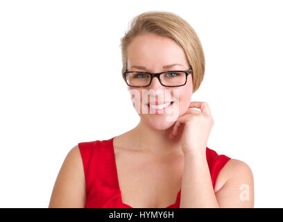 Nahaufnahme Portrait eine Geschäftsfrau mit Brille isoliert auf weißem Hintergrund Stockfoto