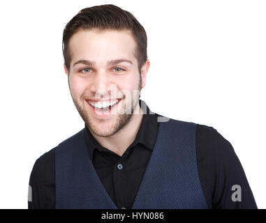 Porträt eines jungen zuversichtlich lächelnd auf isolierten weißen Hintergrund hautnah Stockfoto