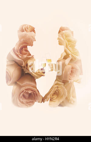 Doppelbelichtung Porträt ein Hochzeitspaar in Kombination mit Rosen aus den Brautstrauß Stockfoto