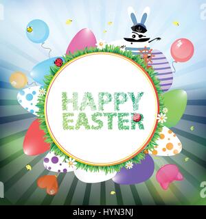 Ostern-Illustration für Ihr Design. Kunterbunt, bemalte Ostereier in Form von einem Kreis-Reifen gesäumt. Mit der Inschrift ein frohes Osterfest und Stock Vektor